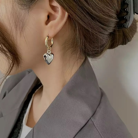 Gold & Silver Color Solid Heart Pendant Hoop Dangle Earrings - Picture 9 of 9